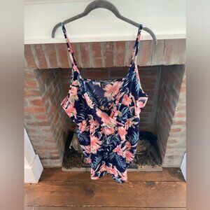 Dark Navy Pink Floral Spaghetti Strap V Neck Romper Curvy Plus Size 2X Shein